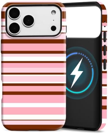 for iPhone 18 Pro Case, Magnetic Matte Frosted Dual-Layer Striped Phone Case for Women, Retro Aesthetic Cover Compatible with MagSafe Accessories - Rose Cocoa by YKCZL