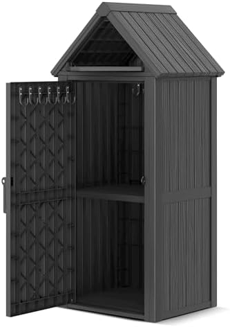 Outdoor Storage Shed, Waterproof Storage Cabinet with Sloping Roof and Lockable Door, Resin Shed with Ample Space, Multiple Hooks for Backyard Patio, Garden, Lawn, Classic Black by Unknown