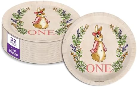 Peter Rabbit Girl's Pink First Birthday - 32 Piece Disposable Party Supplies - Decorations for Bunny 1st Birthday Round Party Plates - Large 9" Paper Plates In Bulk by BirthdayGalore