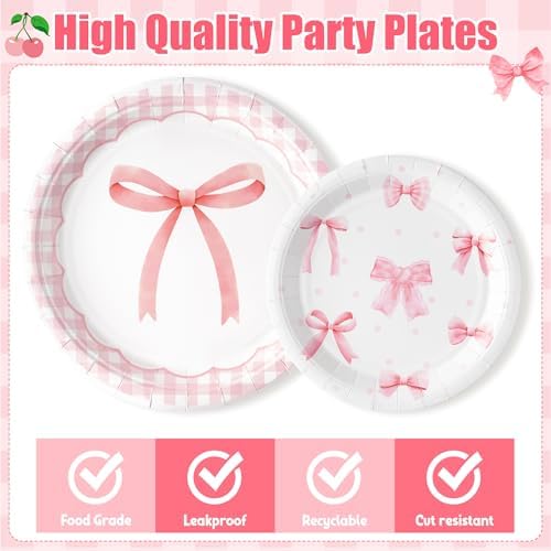 96Pcs Pink Bow Coquette Cute Party Plates Supplies - Party Tableware Decorations Disposable Paper Plates Napkins Forks for Birthday Bachelorette Bridal Engagement, Serves 24 - Image 3