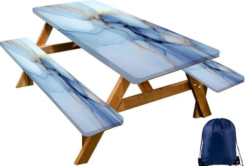 CAPSCEOLL Fitted Picnic Table Cover with Bench Covers 8ft - Blue Marble by CAPSCEOLL