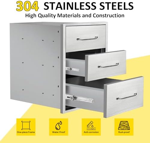 Outdoor Kitchen Drawers 16" W x 21" H x 23" D Flush Mount Triple BBQ Drawers with Chrome Handle Stainless Steel Drawer for Outdoor Kitchen Island, Patio Grill Station - Image 3