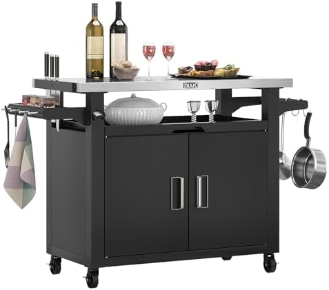 NUUK Outdoor Grill Cart with Storage Cabinet Metal Kitchen Island Prep Table with Movable Universal Wheels and Stainless Steel Top for Outside BBQ Backyard Include Hooks Spice Rack by NUUK