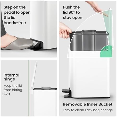Cesun Small Bathroom Trash Can with Lid, 1.6 Gal, Soft Close, White - Image 4