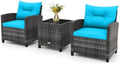 RELAX4LIFE 3 Piece Patio Furniture Set, Wicker Bistro Conversation Set w/2 Cushioned Armchairs & Glass Topped Table, Outdoor Rattan Sofa Set Patio Furniture for Porch Balcony Poolside (Grey-Turquoise) by RELAX4LIFE