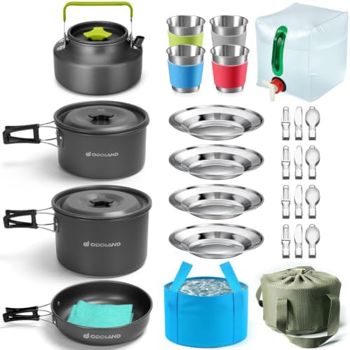 Odoland 29pcs Camping Cookware Mess Kit, Non-Stick Lightweight Pots Pan Kettle, Collapsible Water Container and Bucket, Stainless Steel Cups Plates Forks Knives Spoons for Outdoor Backpacking Picnic by Odoland