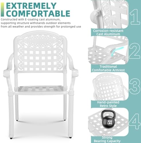 MEETWARM 5 Piece Patio Dining Set, Outdoor All-Weather Cast Aluminum Dining Furniture Set Includes 4 Chairs and 1 Round Table with Umbrella Hole for Garden Deck, White - Image 3