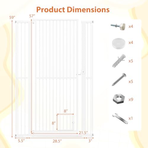 Giantex 59'' Extra Tall Pet Gate for Large Dogs & Cats, Adjustable 30.5''–41'' Wide Dog Gate with Small Pet Door, Extension Kits, Pressure or Hardware Mount, Jump-Proof Indoor Barrier, White - Image 6