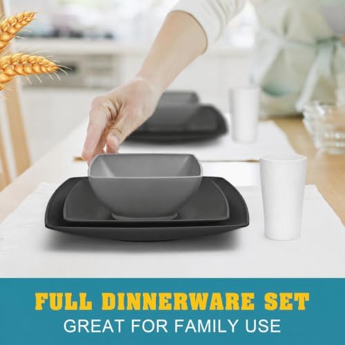 Teivio 40-piece Kitchen Wheat Straw Square Dinnerware Set,Service for 10, Unbreakable Dinner Plates, Salad Plates, Snack Bowls, Cups 13.5 oz, Dishwasher Safe, Plastic Outdoor RV Dishes,Gray Ombre - Image 6