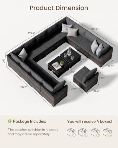 Patio Furniture Set - All-Weather - 14 Piece Patio Outdoor Conversation Set, Modular Wicker Rattan Sectional Sofa for Backyard, Garden, Poolside, Balcony, Porch, Patio, Brown/Dark Gary - Image 6