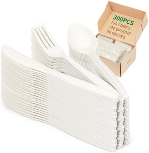 100% Compostable Cutlery Set, 300pcs (150 Forks,100 Spoons,50 Knives) by FEHHTOEco-friendlyLiving