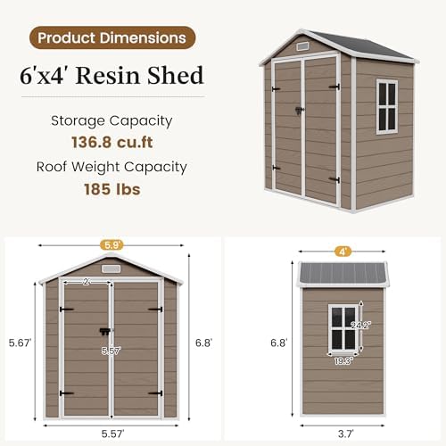 UDPATIO Outdoor Resin Storage Shed 6x4 FT, Plastic Shed for Garden, Brown - Image 2