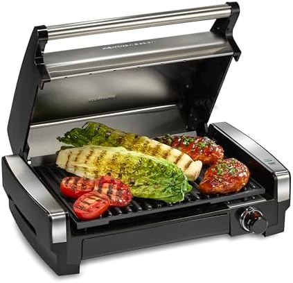 Hamilton Beach Electric Indoor Searing Grill with Adjustable Temperature Control to 450F, 118 sq. in. Surface Serves 6, PFAS-Free Removable Nonstick Grate, Stainless Steel (25360) by HamiltonBeach