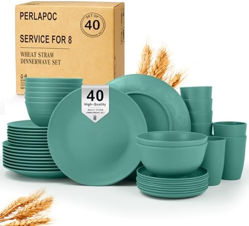 Wheat Straw Dinnerware Sets 40 PCS Unbreakable Dishes Set for Kitchen, Outdoor, Camping Dishes Plates and Bowls Sets with Cups, Dessert Plates, Dishwasher & Microwave Safe - Green by Perlapoc