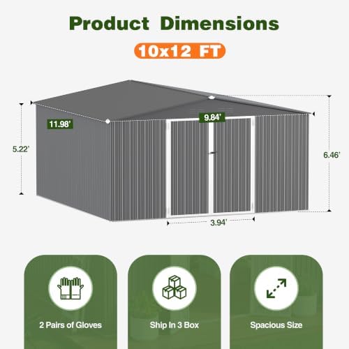10 x 12 FT Outdoor Storage Shed, Heavy Duty Metal Shed with Lockable Double Door, Sloped Roof & Vents for Garden Backyard Lawn Dark Gray - Image 2