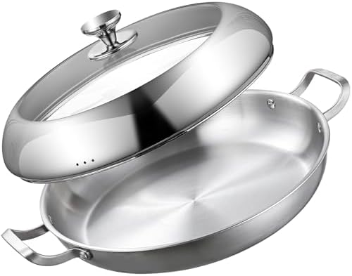 DELARLO 14 Inch Stainless Steel Paella Pan with Combo Lid by DELARLOCOOKWARE