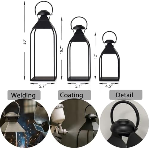 Decorative Metal Lanterns Indoor Outdoor, Candle Holder for Porch, Patio, Fireplace, Floor, Wedding, Christmas, Fall, Holiday, Farmhouse Table Centerpiece (Black, Set of 3 20" 15.7" 12") - Image 6