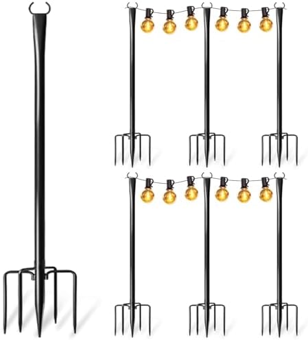 6 Pack String Light Poles for Outside, Upgraded Heavy-Duty Metal Poles for Outdoor String Lights with Fork, Adjustable Lighting Hanging Accessories for Patio Decor Pergola Backyard Garden Decorations by Nexillumi