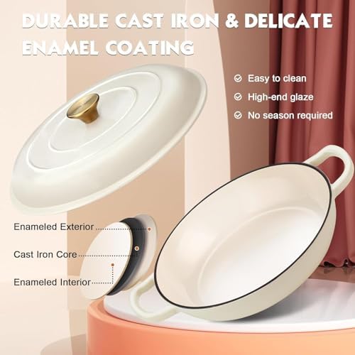 Overmont Enameled Cast Iron Dutch Oven - 3.8 QT Shallow Braiser with Recipe - Image 3