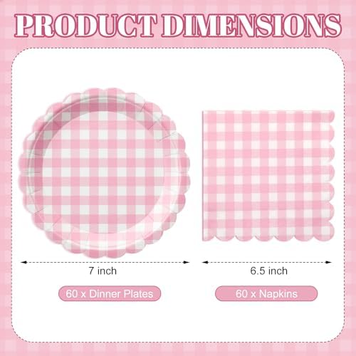 Roshtia 120 Pcs Pink Gingham Plates and Napkins Set, for Girls Baby Shower - Image 2