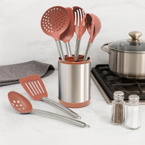 Glad Kitchen Utensils Set, 8pcs - Nonstick Cooking Tools with Stainless Steel Handles & Rotating Utensil Holder - Turners, Ladle, Spoon, Tongs, Spaghetti Server, and Skimmer - Dishwasher Safe, Rust - Image 2