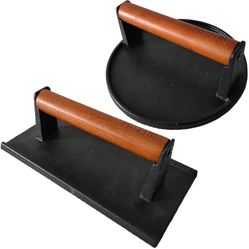 Firsgrill Burger Press 7.08" Round & 8.3”X4.3”Rectangle Heavy-Duty Cast Iron Smash Meat Steak With Wood Handle for Blackstone Camp chef Pitboss Weber Treager Griddle Grills (Round & Rectangle) by ProfessionalGrillpartsLiving