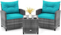 KOTEK 3 Piece Patio Furniture Set, Outdoor PE Rattan Conversation Set with Washable Cushions & Tempered Glass Tabletop, Wicker Chairs and Table Set for Porch, Garden, Balcony (Turquoise) by KOTEK