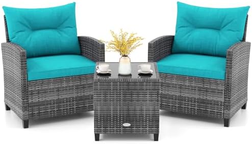 KOTEK 3 Piece Patio Furniture Set, Outdoor PE Rattan Conversation Set with Washable Cushions & Tempered Glass Tabletop, Wicker Chairs and Table Set for Porch, Garden, Balcony (Turquoise) by KOTEK