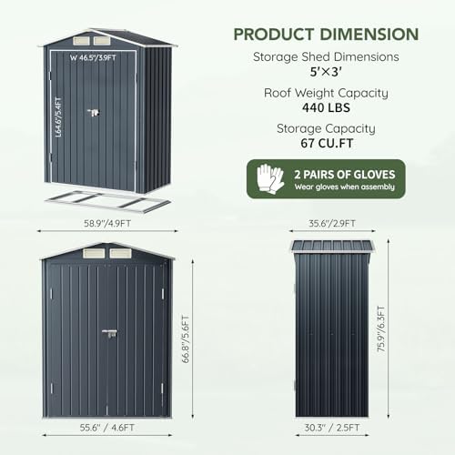 5 x 3 FT Storage Shed with Floor Frame for Backyard,Nightblue - Image 2