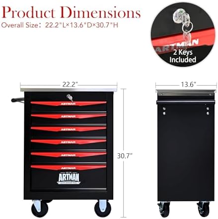 6-Drawer Heavy-Duty Rolling Steel Tool Cart with Handle&Wheels, Metal Storage Organizer Cabinet, Tool Chest for Efficient Tool Storage in Garage, Warehouse, Workshop, Repair Shop, Black&RED - Image 3