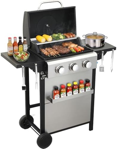 3 Burner Propane Gas Grill, 30,000 BTU Stainless Steel Outdoor BBQ Grill with 322 Sq. In. Cooking Area & 2 Foldable Side Shelves, Patio Cookout Essentials for Backyard by Unknown