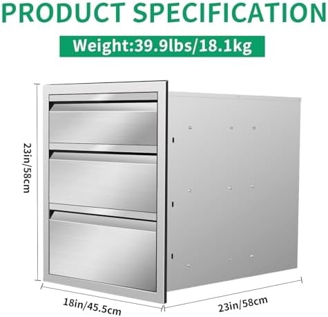 OuOutdoor Kitchen Drawers 18" W x 23" H x 23" D Stainless Steel Triple Drawers with Hidden Handle for BBQ Island, Patio Grill Station & Outdoor Kitchen Cabinets - Image 2