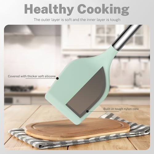 QMVESS Silicone Cooking Utensils Set, 28 Pcs Non-Stick Kitchen Utensils Set with Holder, 446°F Heat Resistant Spatula, Tongs, Spoons Set with Stainless Steel Handle Kitchen Gadgets (Light Green) - Image 5