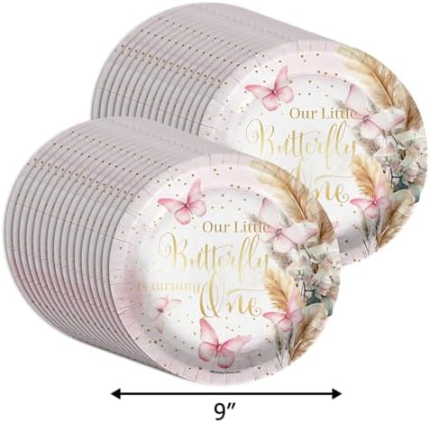 Butterfly Girl's First Birthday - 32 Piece Disposable Party Supplies - Decorations for Floral 1st Birthday Round Party Plates - Large 9" Paper Plates In Bulk - Image 2