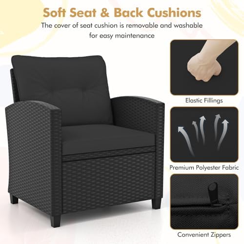 RELAX4LIFE 3-Piece Patio Furniture Set - Wicker Rattan Bistro Sofa Set with Glass Top Coffee Table, Washable Cushions for Porch, Balcony, Backyard, Poolside, Outdoor Conversation Set (Black) - Image 4