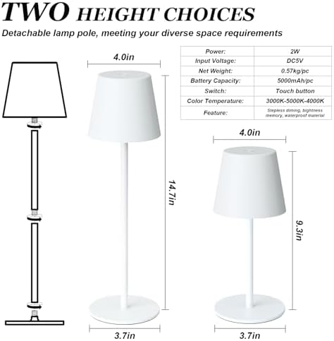 Kakanuo White Cordless Table Lamp Rechargeable - 2 Pack 5000mAH Battery Operated Lamp for Table, 3 Color Stepless Dimming Wireless Lamp for Kitchen Counter, Touch Control - Image 4
