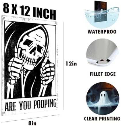 BEASTZHENG Funny Gothic Bathroom Home Decor Metal Tin Sign: Funny "Are You Pooping?" Bathroom Wall Art Decor Sign for Skull Lovers 8 X 12 Inches - Image 3