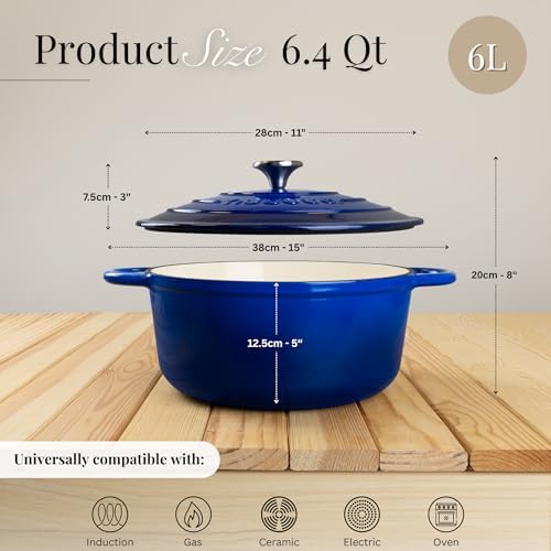 Nuovva Enamelled Cast Iron Dutch Oven Pot with Lid-6.4 Quart Non Stick Casserole Pot-Heavy Duty & Oven Safe up to 500° F for Bread Baking, Braising, Stews, Roasting - 28cm Dark Blue - Image 3