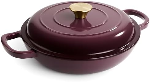 3 Quart Enameled Cast Iron Braiser, Non Stick Enameled Cast Iron Skillet with Lid, Dutch Oven Skillet with lid up to 500°F for Oven, Stove, Grill, Shallow Dutch Oven for Cook, Bake (Fig) by Fijinhom