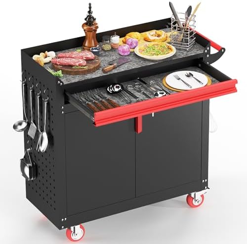 Eltean Metal Grill Cart - Outdoor Grill Cart with Storage,Grill Table with Wheels,Outdoor Bar Cart with Adjustable Shelf for Kitchen Prep and Patio BBQ by ElteanStorageSolutions