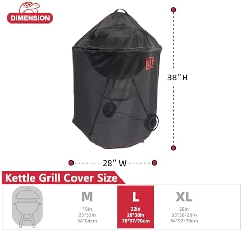 Turtle Life Round BBQ Grill Cover, 22inch Heavy Duty Durable Waterproof Rip Resistant UV Resistant Charcoal Kettle Grill Cover, Dia28 x 38" H, Black - Image 3