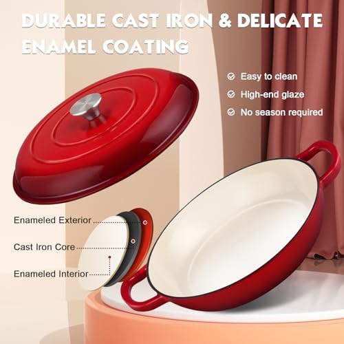 Overmont Enameled Cast Iron Dutch Oven - 3.8 QT Shallow Braiser with Recipe - Image 2