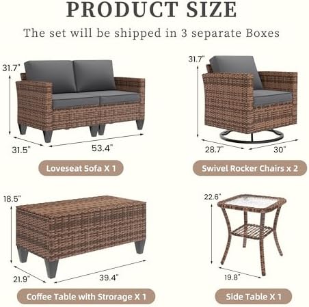 UDPATIO Patio Furniture Set, 5 Pieces Outdoor Furniture Sets with Rocking Swivel Chairs, Wicker Rattan Outdoor Conversation Set with Storage Table and Waterproof Covers for Backyard, Deck, Porch, Grey - Image 3