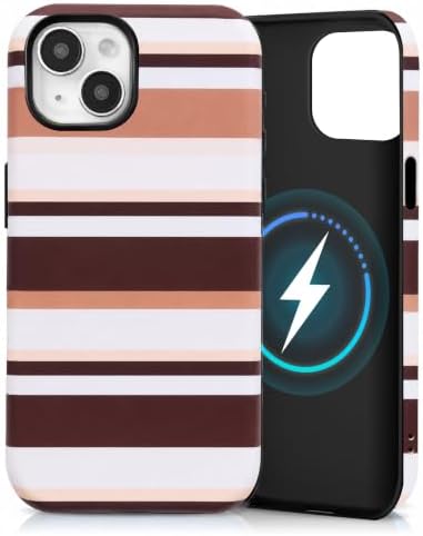 for iPhone 14 Case, Magnetic Matte Frosted Dual-Layer Striped Phone Case for Women, Retro Aesthetic Cover Compatible with Mag Safe Accessories - Cocoa Stripe by YKCZL