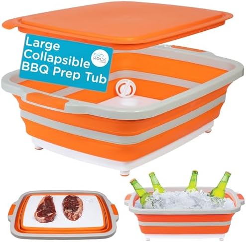 BIRDROCK HOME 11L Collapsible BBQ Prep Tub with Lid, Orange, 19”L x 14”W by BIRDROCKHOME