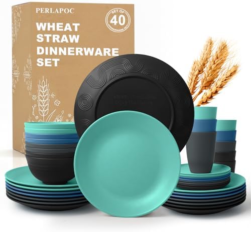 40 PCS Wheat Straw Plates and Bowls Sets,Dishware Set for 8,Unbreakable Kitchen Plates and Bowls Set for Travel Party Dishwasher & Microwave Safe Lightweight Plastic Dishes Set - Calm Tones by Perlapoc