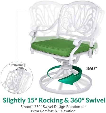 VIVIJASON 5-Piece Outdoor Patio Dining Set, All-Weather Cast Aluminum Conversation Set, Patio White Furniture Set, Include 2 Swivel Dining Chairs, 2 Stationary Chairs, 1 Round Table w/Umbrella Hole - Image 4