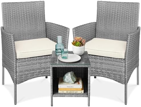 Best Choice Products 3-Piece Outdoor Wicker Conversation Bistro Set, Space Saving Patio Furniture for Garden w/Side Table - Gray/Cream by BestChoiceProducts