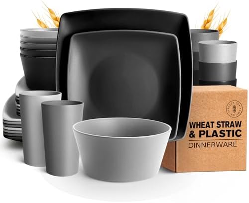 Teivio 32-Piece Kitchen Plastic Wheat Straw Squircle Dinnerware Set for 8, Unbreakable Dinner Plates, Salad Plates, Square Cereal Bowls, Cup 13.5oz, Dishwasher Safe,Gray Ombre by Teivio