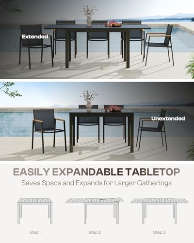 Outdoor Aluminum Patio Dining Table Set for 6 Person, Expandable Outdoor Table and 6 Chairs with Textilene Fabric & HDPS Armrest, All-Weather Patio Furniture Set for Yard, Garden, Gray - Image 2